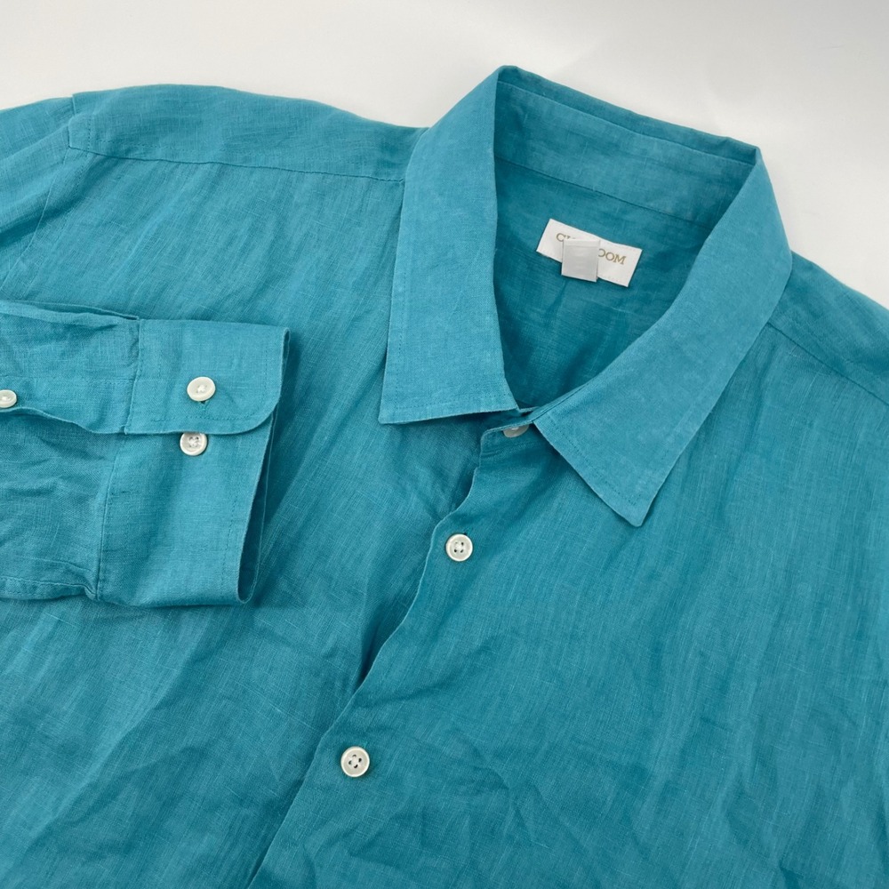 Club Room Button Down Shirt Mens XXL Teal 100% Linen Luxury Long Sleeve Casual